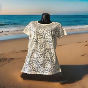 Stylus Top Blouse Womens Small Floral Sheer See‎ Through Short Sleeve Lace Cream